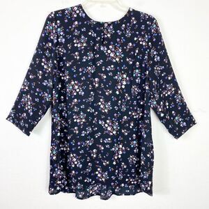 J. Jill Wearever Collection Black Floral Long Sleeve Pleated Back Tunic Blouse S